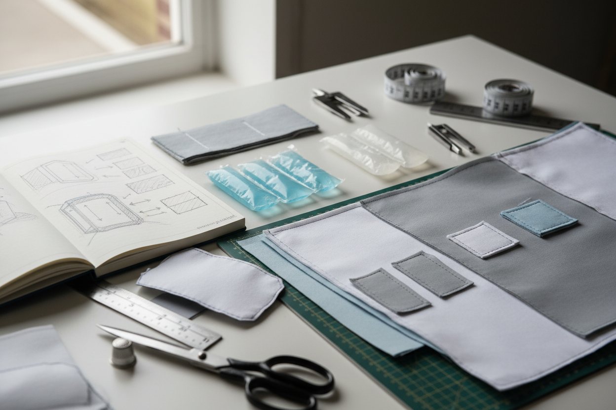 A clean development table with early prototype pieces of a medical cooling bag: open sketchbook with rough design drafts, cooling gel packs, measuring tools, fabric cutouts, stitching samples. Soft daylight, neutral tones, shallow depth of field, premium product development photography. Mood: innovation, beginning, craftsmanship. No text, no faces, no logos.