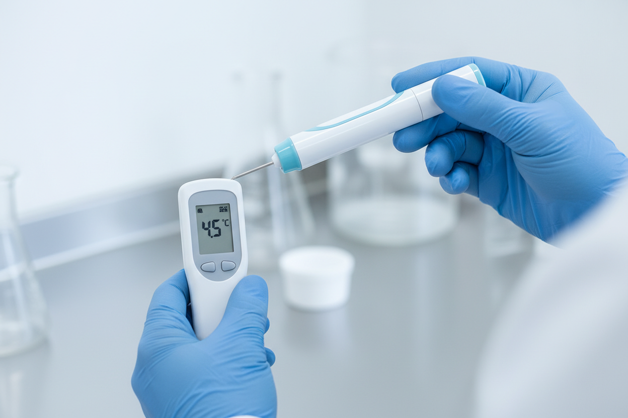 Close-up of a laboratory technician measuring the temperature of a medicine pen using a professional thermometer with a messfühler inserted into the pen, bright clinical environment, soft-focus background, white and light-blue tones, premium pharmaceutical photography, shallow depth of field, no text, no logos, very clean and high-end.