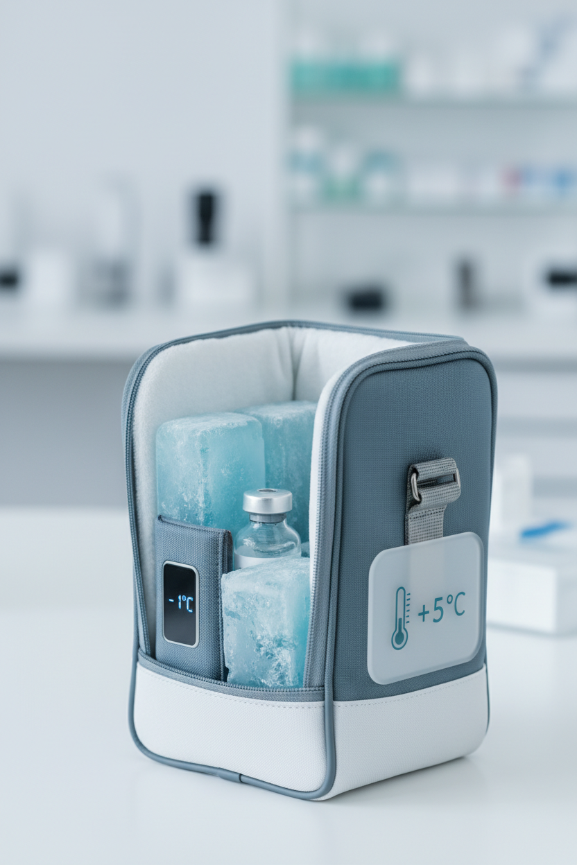 Hochformat-Editorial-Hero-Bild für eine fachliche Informationsseite im medizinisch-pharmazeutischen Kontext.

Darstellung einer neutralen, professionellen Medikamentenkühltasche in ruhiger Umgebung, leicht geöffnet oder als Cutaway-Darstellung, sodass Kühlakkus und ein Medikament sichtbar sind.

Subtiler Temperatur-Kontrast: links oder im Inneren der Tasche ein dezenter Hinweis auf kritische Kälte (z. B. −1 °C), rechts oder daneben ein stabiler, sicherer Temperaturbereich (z. B. +5 °C) – ohne plakative Warn