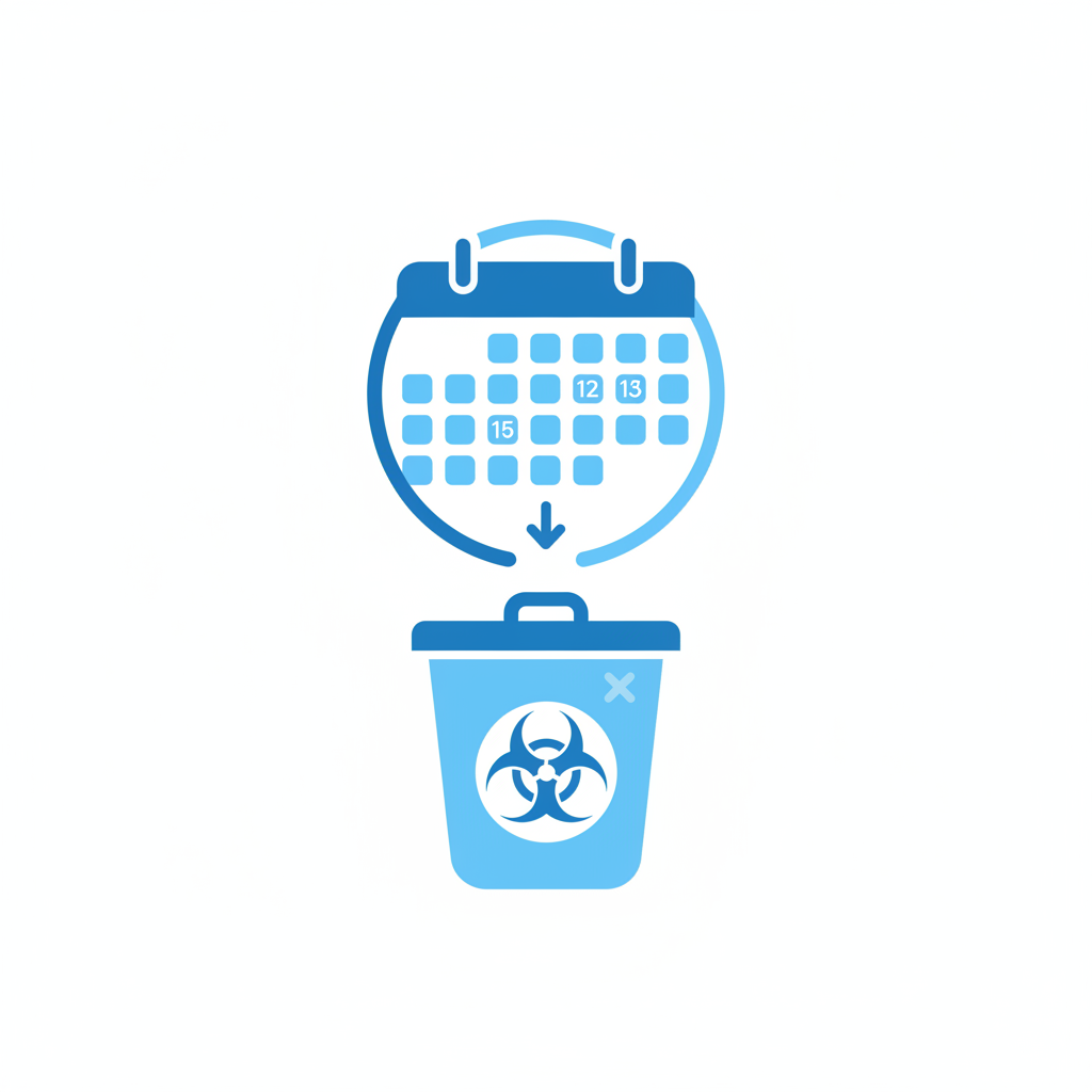 Pharmaceutical safety infographic: a calendar icon combined with a medical waste container symbol. The visual communicates limited shelf life and disposal after activation. Flat, modern healthcare illustration style, white background, soft blue accents, clear shapes, no text, no brand elements, professional and trustworthy appearance.